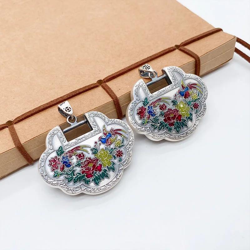 Classic National Style Enamel Colored Pastoral Style Flower And Phoenix Ruyi Lock Pendant   Necklace For Women Jewelry