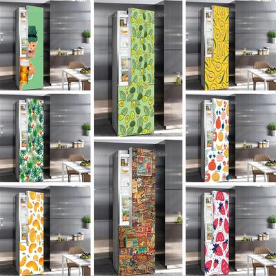 Adhesive Vinyl Fridge Stickers Full Cover Fruit Avocado Banana Strawberry Wallpaper Freezer Decor Film Poster Kitchen Funny Cat