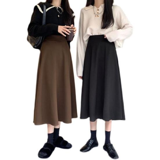 Women Midi Skirt High Waist A-Line Skater Skirt Solid Color Large Hem Commuting Style Office Lady Skirt Workwear