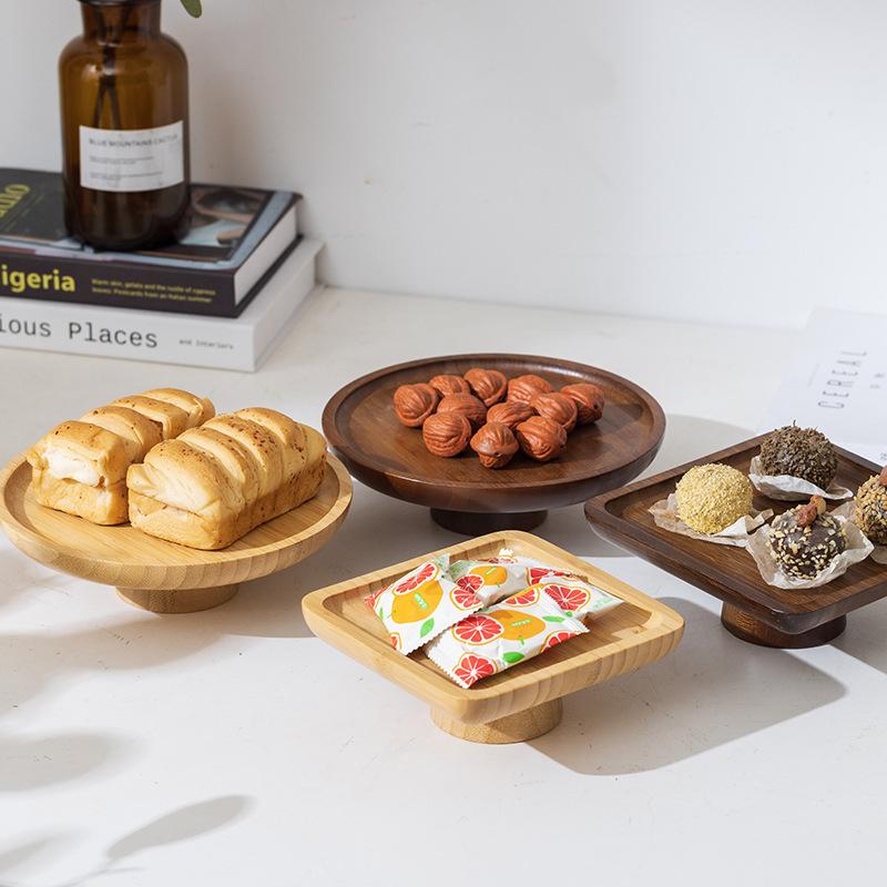 Retro Wooden High Feet Plate Cake Tray Fruit and Pastry Tray Desktop Storage Container Square Cake Trays Party Organizer