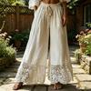 Pantaloni da Donna, Vita Alta Regolabile con Coulisse, Pantaloni Lunghi Estivi a Colore Puro, Vestibilità Larga, Orlo con Inserti in Pizzo