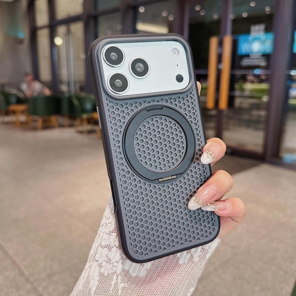 Magnetic Phone Case for iPhone 17 Pro Max with Honeycomb Heat Dissipation, 360° Rotating Stand, and Full Protection.