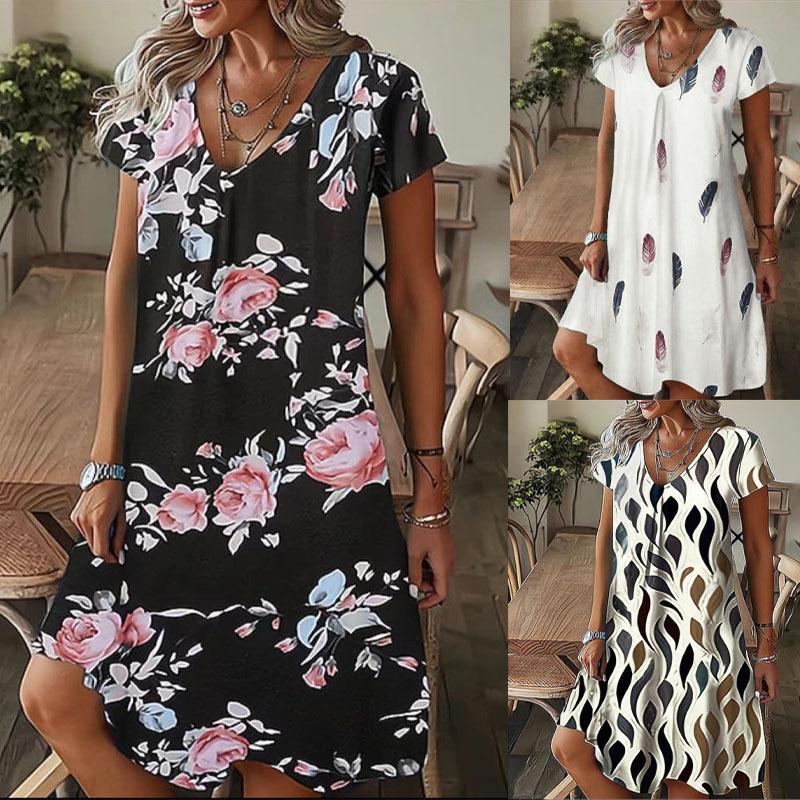 Summer Large Size Women's V-Neck Loose Pullover Casual Fashion Printed Short Sleeve Dress