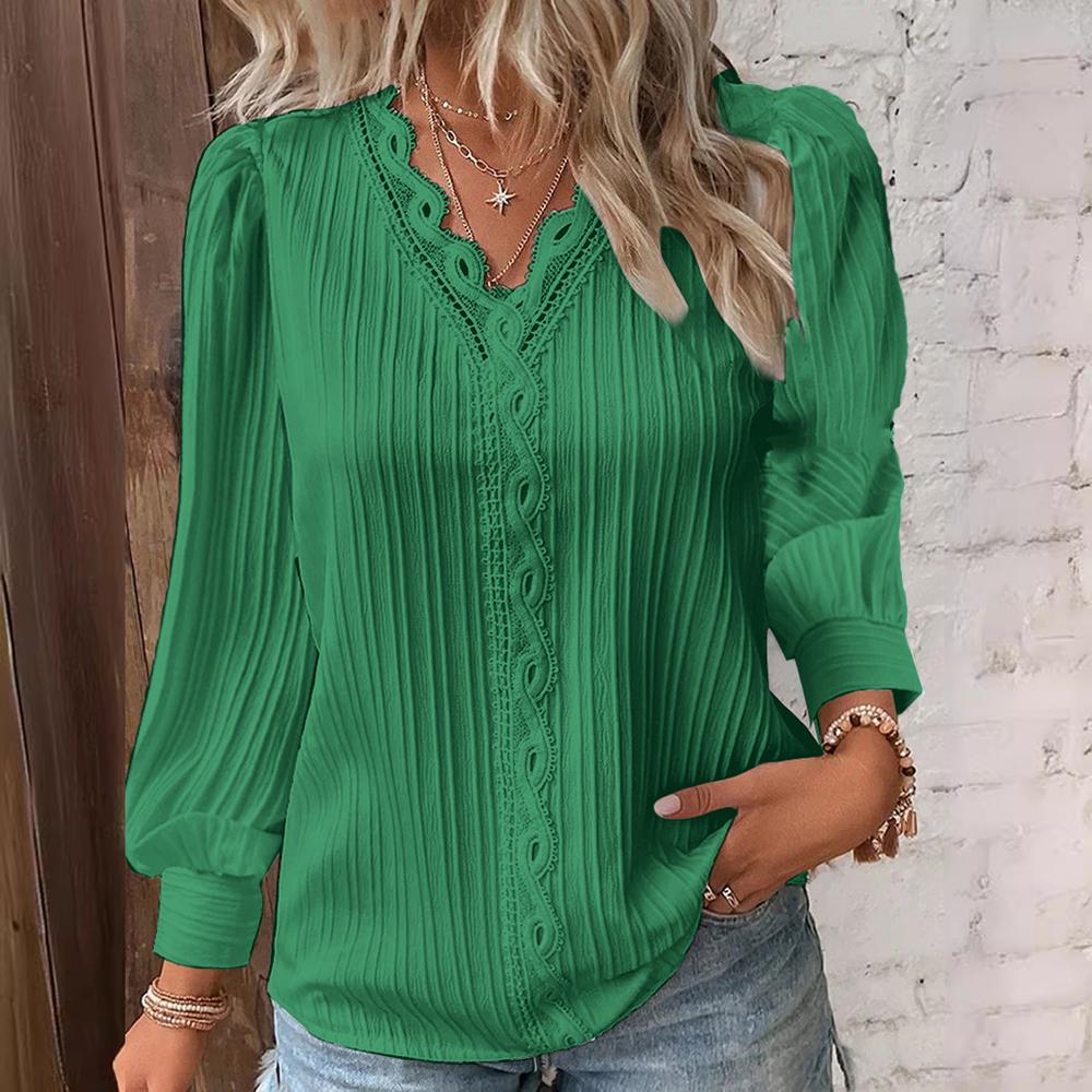 Elegant Hollow Lace Patchwork Women Shirt Chic Long Sleeved V-neck Design Fashion Shirt Plain Lace Casual Basic Regular Tops