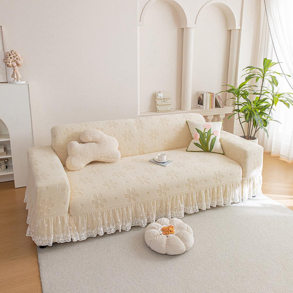 Flower Cream Style Skirted Sofa Cover  A New All Season Universal Straight Lined Full Cover Sofa Protection Cover