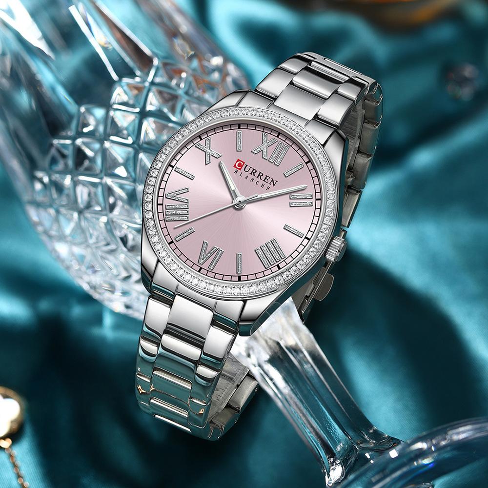 CURREN NEW Luxury Stainless Steel Wristwatches for Ladies Romantic Rose Pink with Rhinestones Roman Numeral Dial