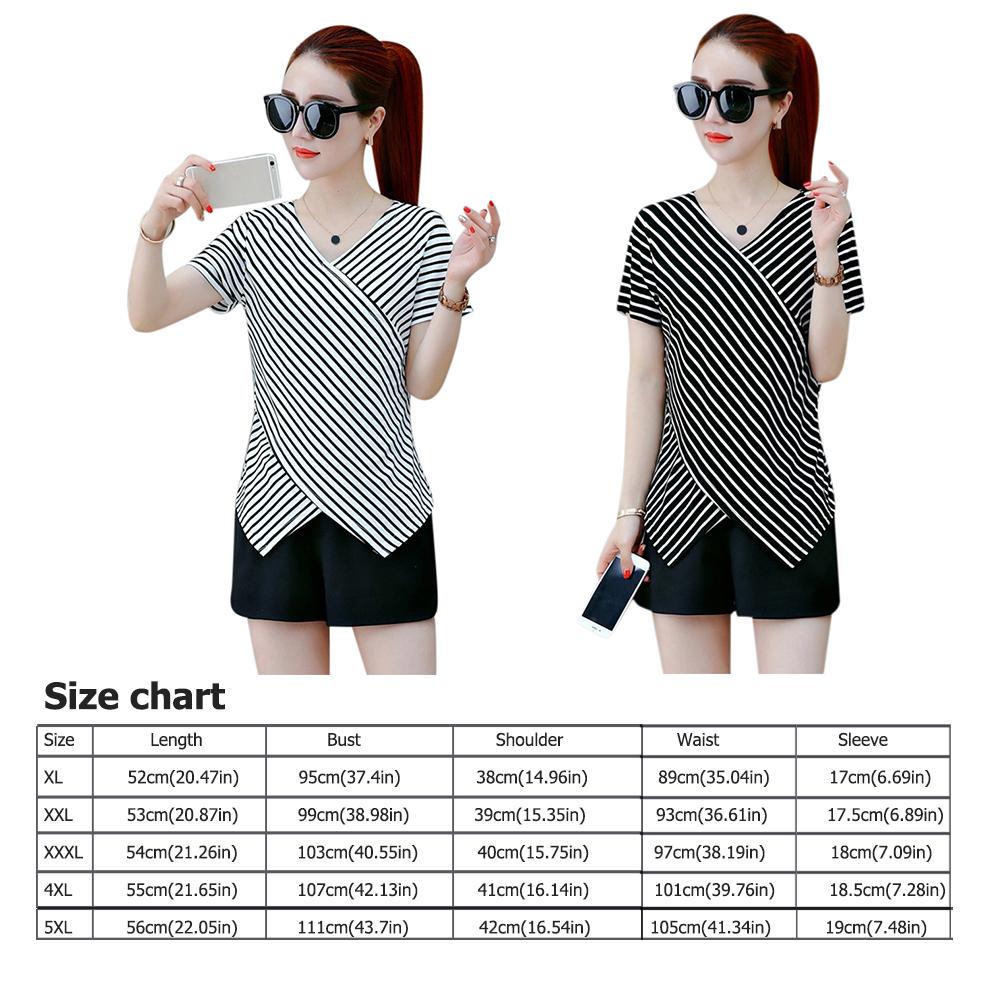 Buy Striped T Shirt Women Summer V-Neck Short Sleeve Irregular Slim ...