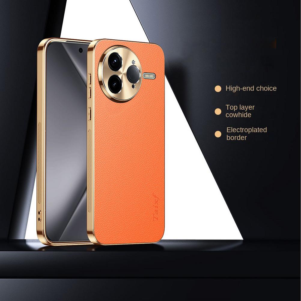 First Layer of Cowhide Lychee Texture Electroplated Frame Case For Poco F7 Ultra F7 Pro POCO X7 Pro F6 Pro F5 Lens Protect Cover