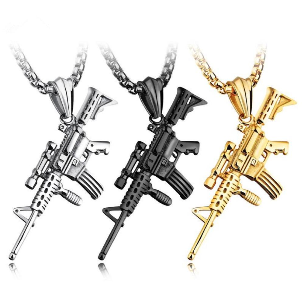 Hip Hop Refined Stylish Iced Out Gold Silver Color Alloy M4 Gun Pendants Necklace for Men Rapper Jewelry