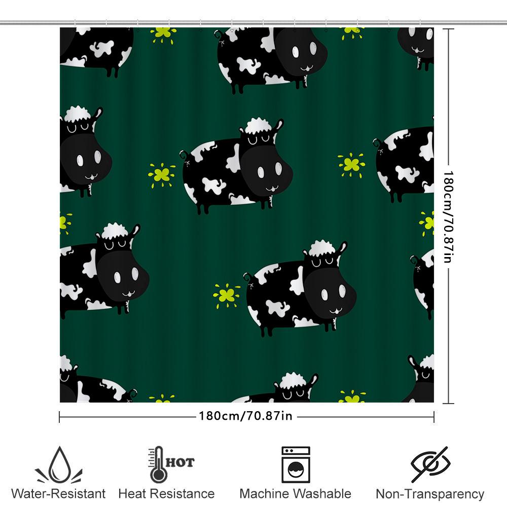 Adorable Farm Animal Shower Curtain Set Black Sheep Pattern Green Background With White Patches For Bathroom Decor