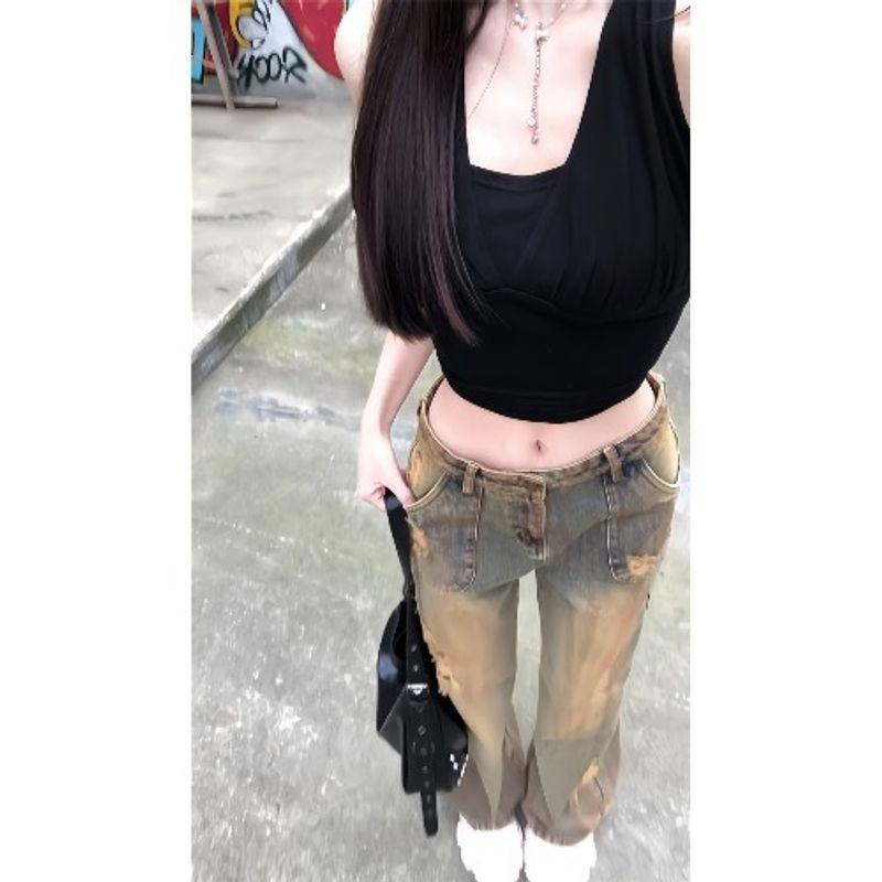 

Kumikumi Black Backless Hanging Neck Thin Drawstring Cami Women Summer Top Design Sense Jeans Two-piece Set Top L