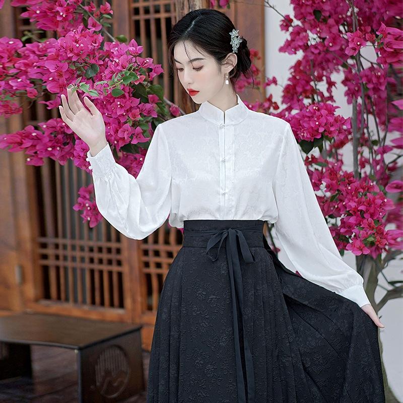 

Улучшенный Hanfu, женский элемент Han в национальном стиле, повседневная рубашка со стоячим воротником, жаккардовая юбка с лицом лошади, длинная юбка, комплект из двух предметов в бессмертном стиле