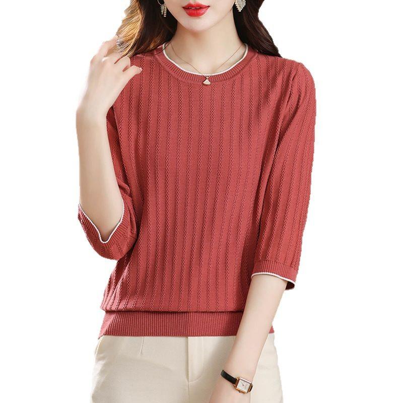 Women's Knitted T-shirt  Seven Quarter Sleeved Versatile Top for Middle-aged Mothers Summer Knitted Base Shirt