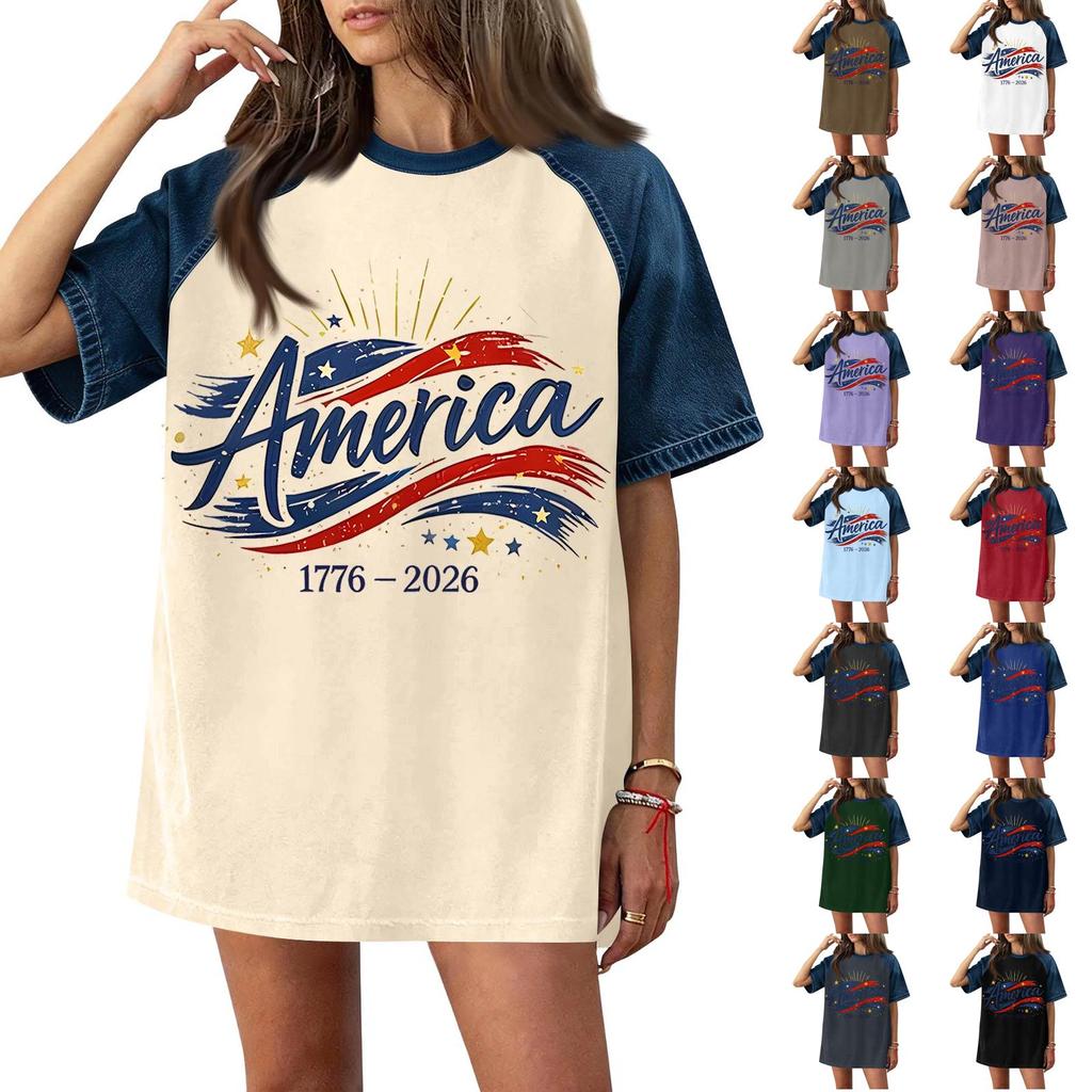 Women's Casual Short Sleeve T-Shirt Denim Patchwork Top 250th Independence Day Graphic Print Comfortable Fit Relaxed Style