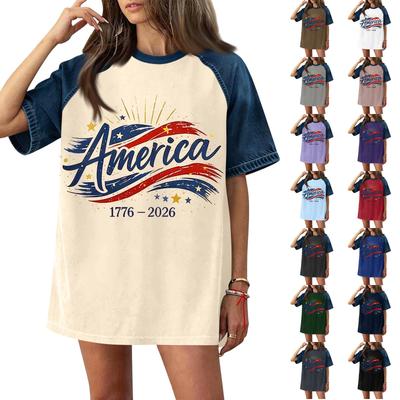 Women's Casual Short Sleeve T-Shirt Denim Patchwork Top 250th Independence Day Graphic Print Comfortable Fit Relaxed Style