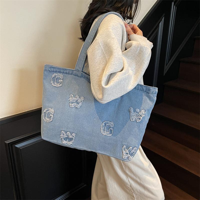 Large Capacity Letter Denim Bag Class Commuter Bag Women's New Trendy Casual Versatile Shoulder Bag