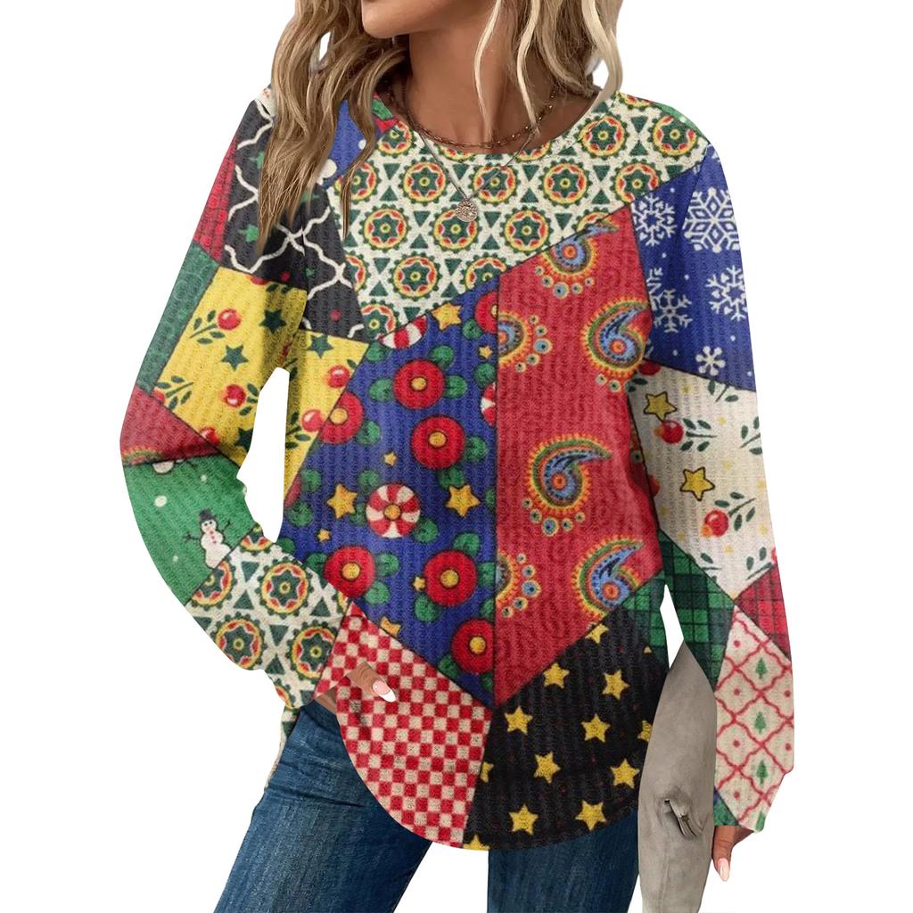 Dámský kostkovaný top s kulatým výstřihem, dlouhým rukávem, ležérního volného střihu