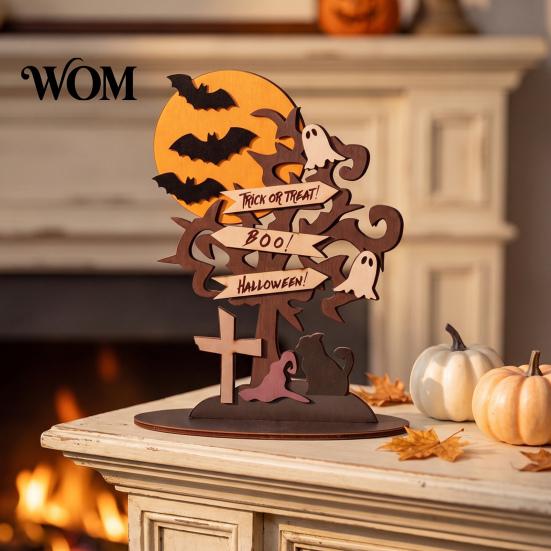 Halloween Table Decorations Moon Bat Ghost And Dead Tree Tabletop Ornament, Rustic Wood Art Decorative Centerpiece for Home Desktop Holiday