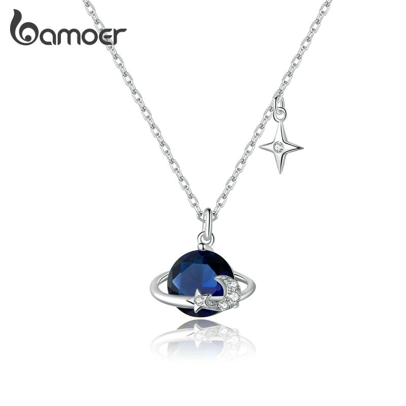 bamoer 925 Silver Blue Planet Pendant Necklace for Women Stars Design Engagement Statement Jewelry Colllar BSN166