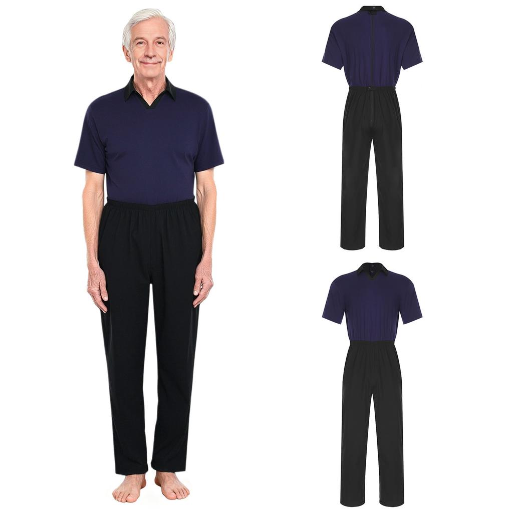 Mens Adaptive Anti-Strip Jumpsuit Lapel Short Sleeve Back Zip-up Pants Leg Zip One-piece Romper for Elderly Patient Care