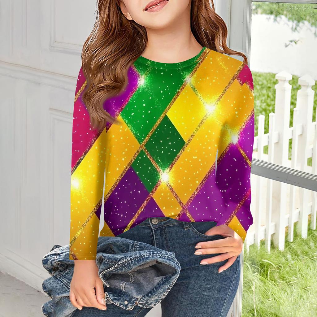 Dívčí trička s dlouhým rukávem Dětské podzimní topy Kulatý výstřih Potištěná základní trička