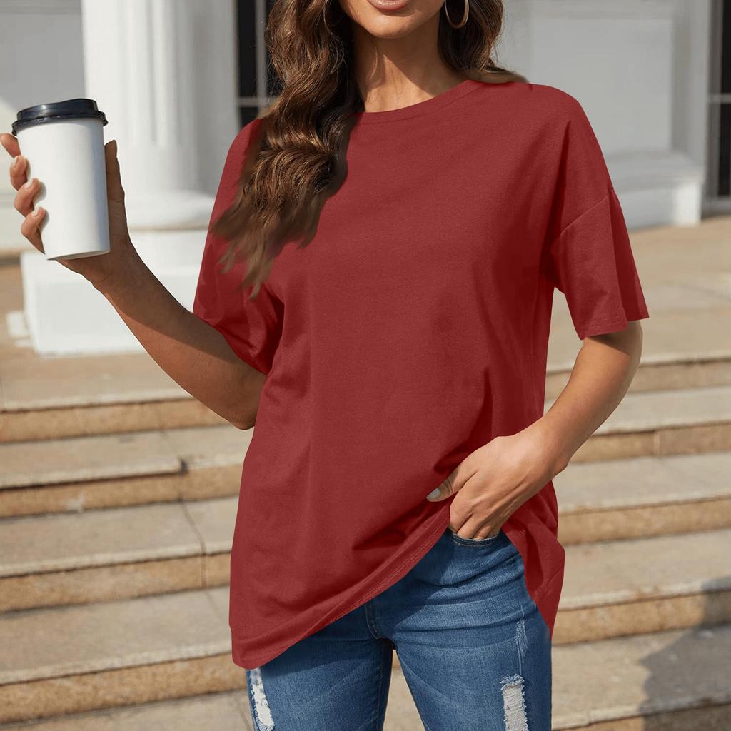 A Solid-color Loose Short-sleeved, Round-neck Plate-sized Top For Women In Spring And Summer