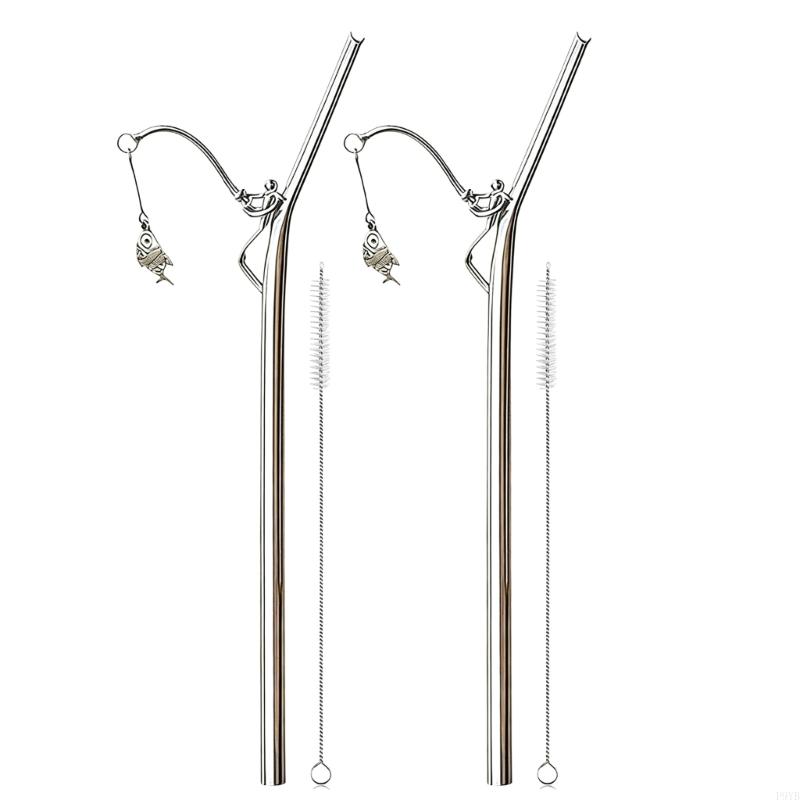 Fun Fishing Figure Straw Stainless Steel Drinking Straw for Cocktails Iced Coffee Beverages and Home Decoration P9YB
