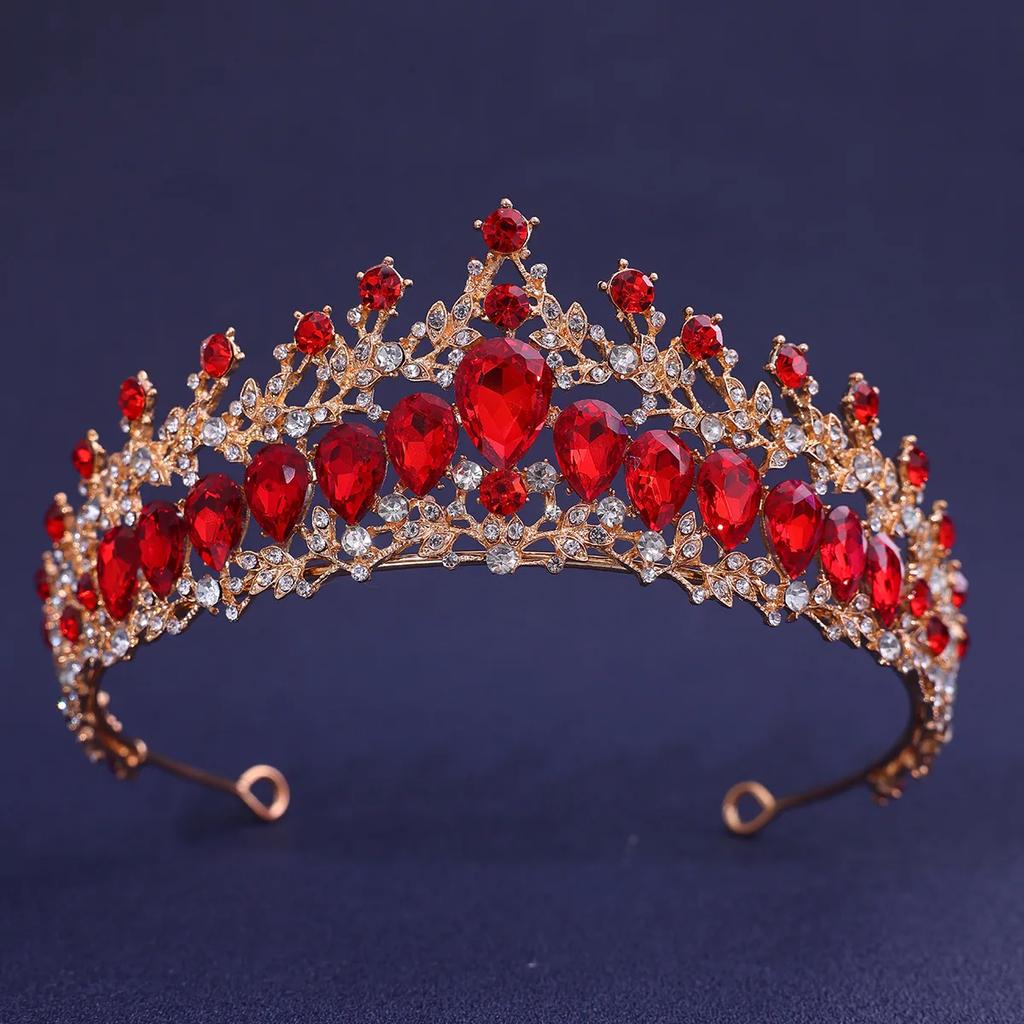 Baroque Red Green Blue Crystal Water Drop Tiara Crown Rhinestone Pageant Diadem Headpiece Bride Wedding & Prom Queen Crown