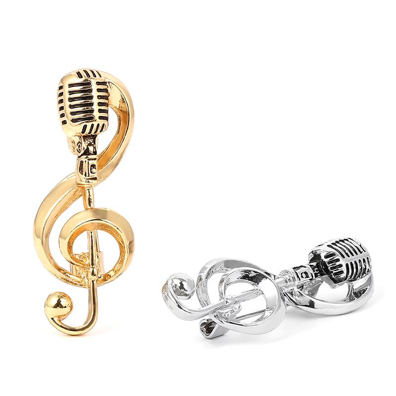 Broches en forme de note de musique avec microphone, couleur or et argent, badge spécial