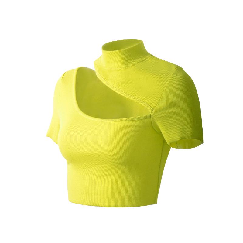 European and American women's clothing open-navel short-sleeved top hollow oblique placket short-sleeved t-shirt women's summer design bottoming shirt