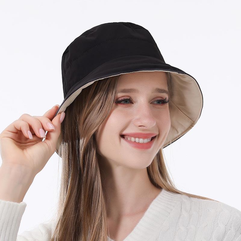 Reversible Korean-Style Down Cotton Bucket Hat for Women - Autumn/Winter Large Brim, Waterproof, Sunshade, Warm.