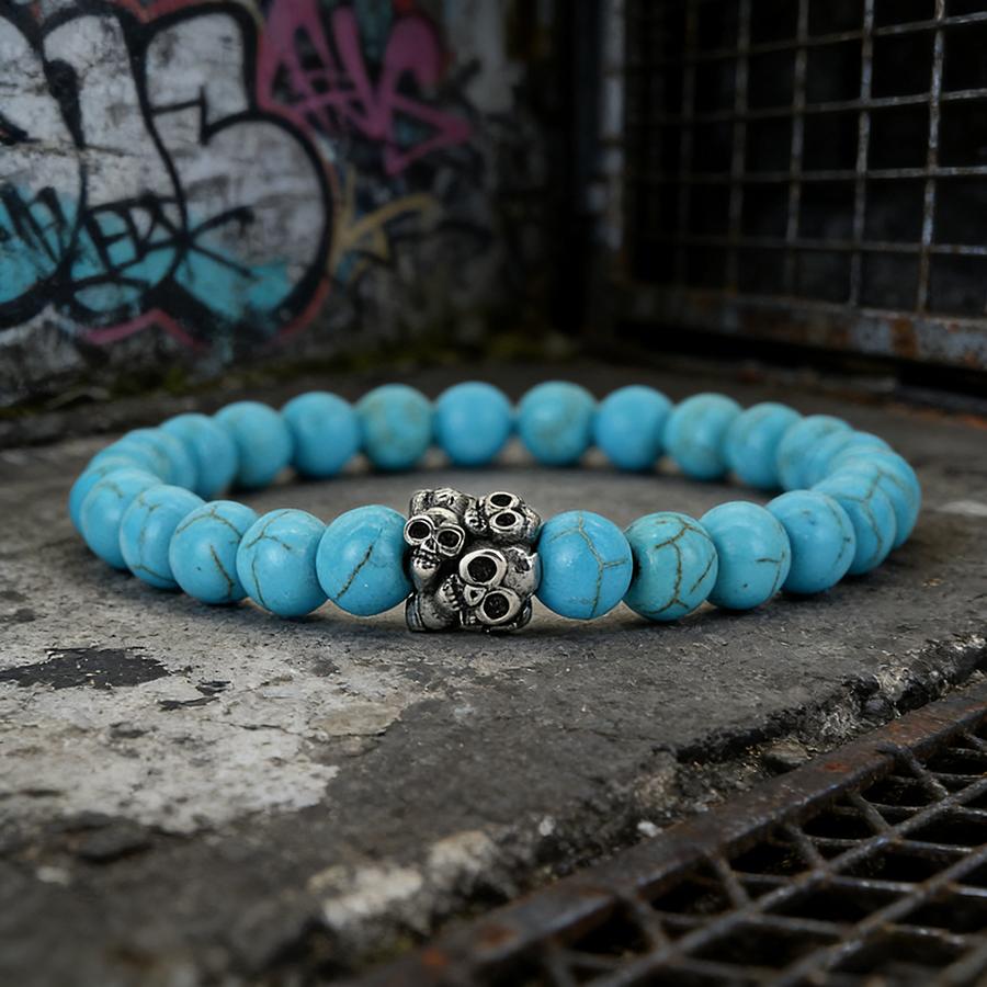 Noter New Gothic Skull Bracelet For Men Stainless Steel Metal 8mm Lava Howlite Obsidian Strand Braslet Sports Wrist Accessories