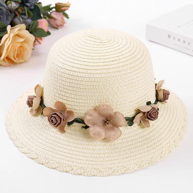 1 Pcs Wreath StrawHat Summer Sun Ladies Elegant Hat Female Vintage Hats Straw Beach Hat Flower String Woman Sunshade Caps