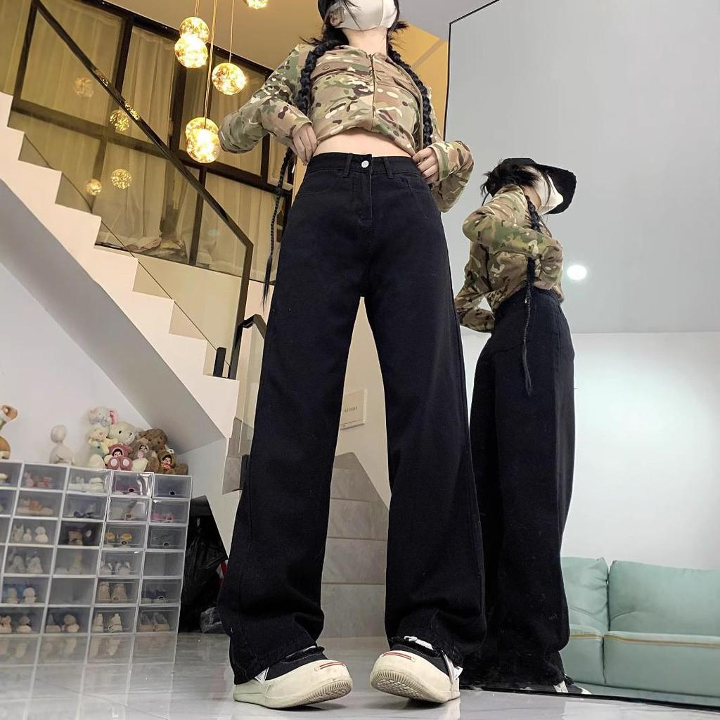 Women's Plus Size Black High-Waist Wide-Leg Jeans - Loose Drapey Straight Leg, Floor-Length, Spring/Autumn 2025 Fashion.