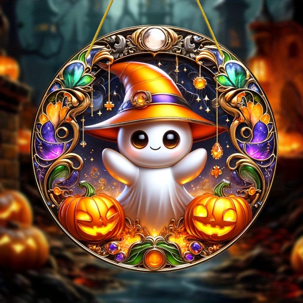 Halloween Acrylic Flat 2D Decoration with Cartoons, Witch Hats and Colorful Flower Pendants - Gifts for Family , for Homes, Gardens and Courtyards