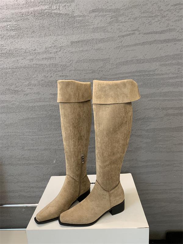 2025 Autumn and Winter New Square Head Thick Heel Simple Versatile Zipper High Boots