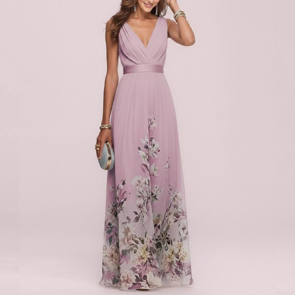 Women's V Neck Sleeveless Maxi Dress Slim High Waist Elegant Floral Print A-Line Dress Chiffon Formal Evening Gown