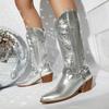 Fashion IPPEUM Women Cowboy Boots Mid Calf Western Shoes Silver Pu Leather Block Heel Plus Size 44 Mid Calf Cowgirl Shoes