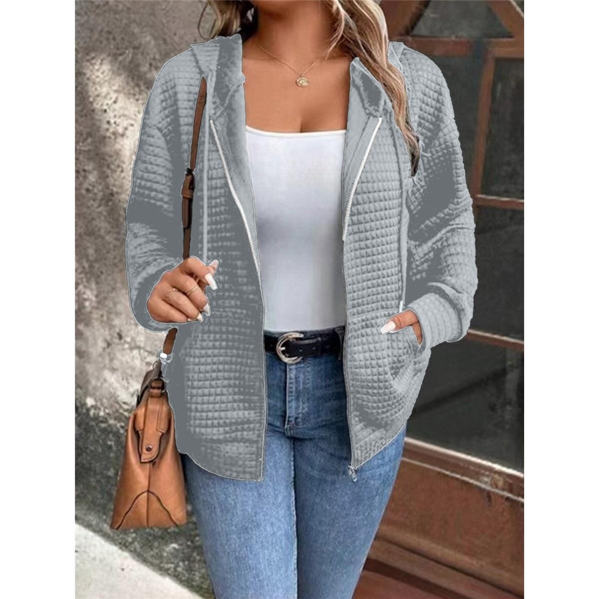 

Женская однотонная вафельная куртка с длинными рукавами, застежкой-молнией и капюшоном на шнурке XXL серый