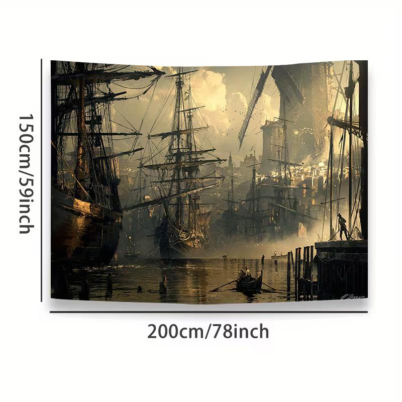2D Medieval Sailing Vessel Tapestry, Nautical Port Scene Backdrop for Bedroom