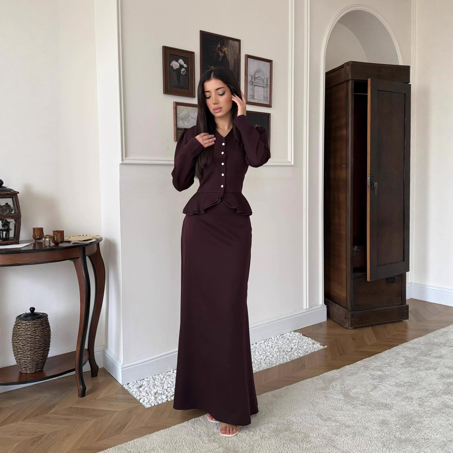 2025 cross-border European and American autumn new V-neck small fragrant wind shoulder pads long-sleeved button fashion straight hip skirt XS