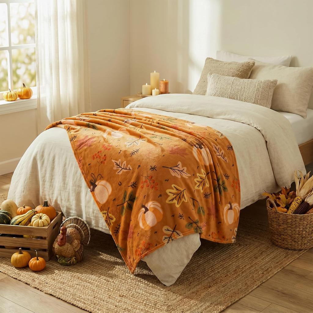 Autumn Pumpkin Maple Leaf Flannel Throw Blanket Orange Fall Harvest Botanical Soft Cozy Sofa Throw Blanket