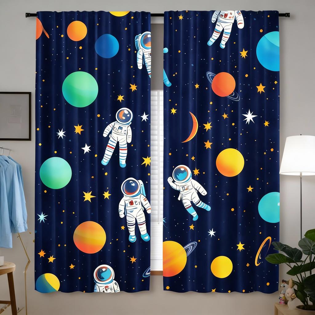 2 ks Závěsy s motivem vesmíru, Kreslený astronaut a téma sluneční soustavy, Modré galaktické okenní závěsy pro ložnici, obývací pokoj, P