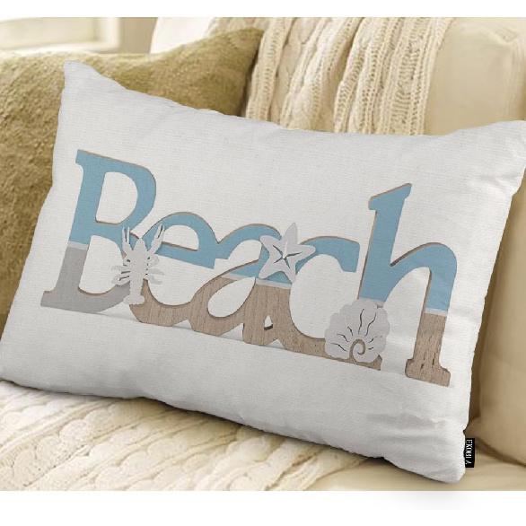 EKOBLA Beach Vintage Wood Lettering Quote with Ocean Home Pillow Cases Coastal Sea Starfish Scallop Summer Waist Lumber Cotton Linen Cushion Cover