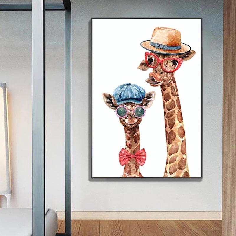 Cute Giraffe Poster Funny Animal Family Mural Canvas Print Wall Art Picture for Living Room Home Decoration Painting Gift Cuadro