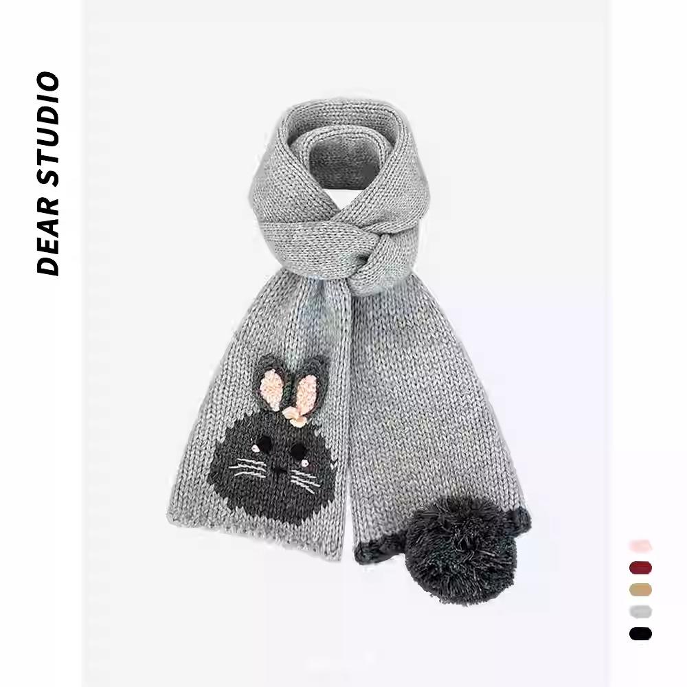 Cute Cartoon Bunny Wool Scarf Female Warm Neck Protection Student White Handmade Knitted Scarf