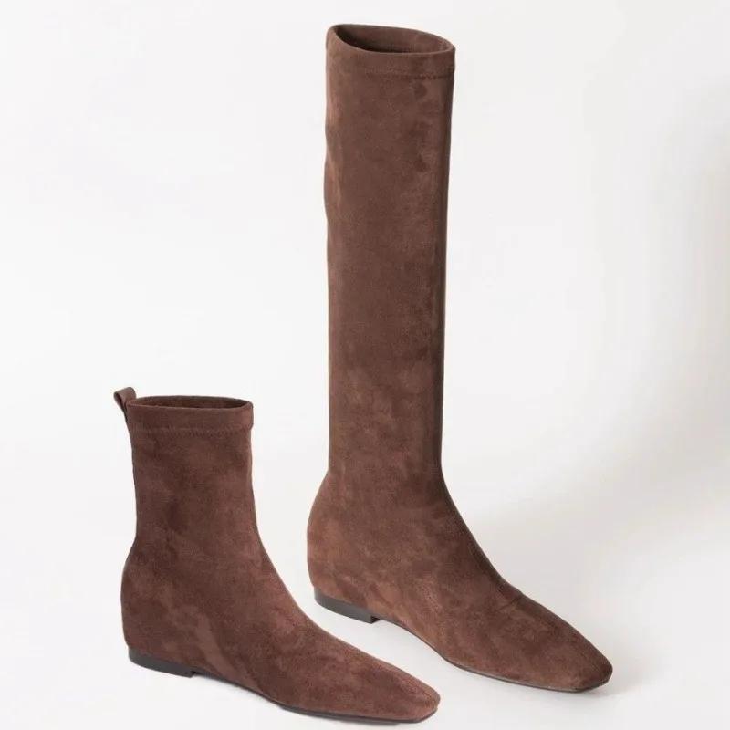 2024 Pantofi noi de damă Ghete de damă până la genunchi Ghete moderne concise pentru femei, cusut cu vârfuri pătrate, pantofi cu slip on la jumătatea gambei, pentru femei