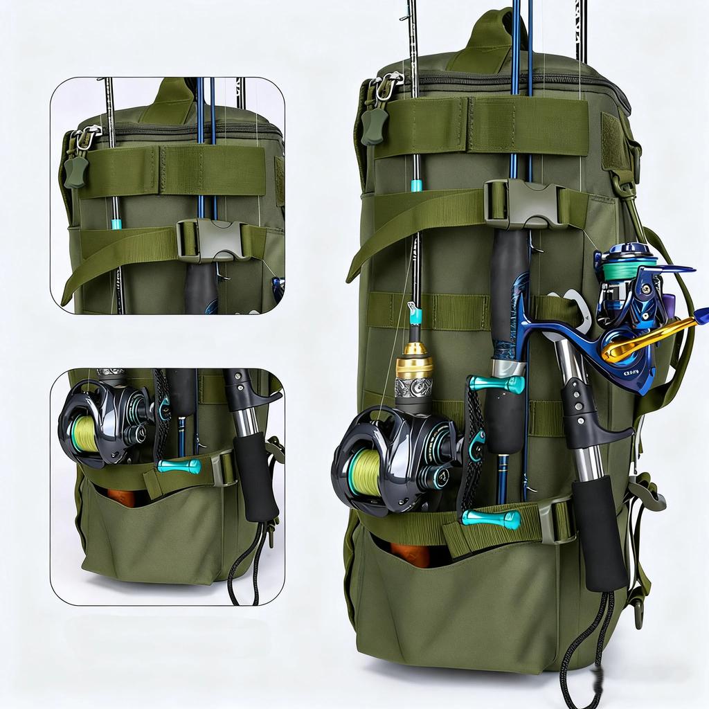 Multifunctional Water Resistant Fishing Backpack Tackle Bag with Rod Holders and Tackle Storage Pouch