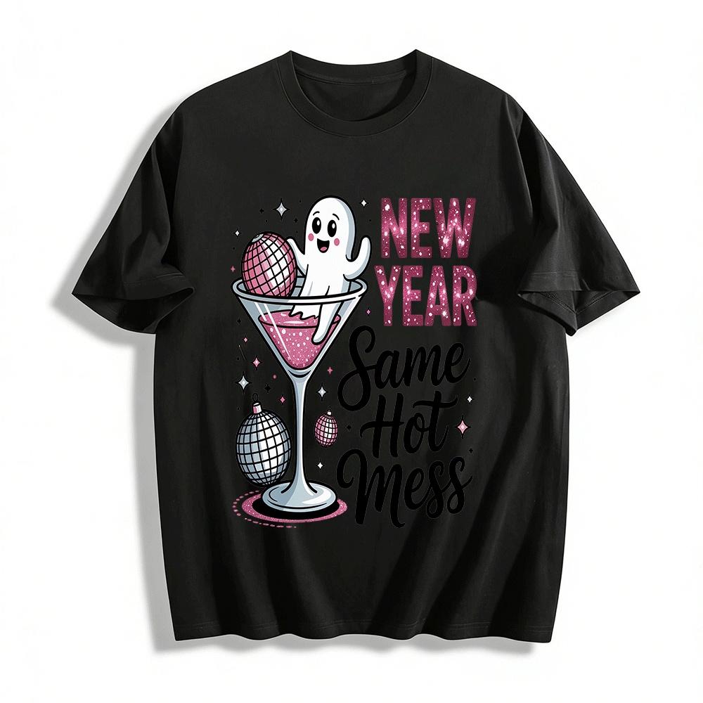 New Year Same Hot Mess Ghost Disco Cocktail Graphic Top Pure cotton T-shirt XXS