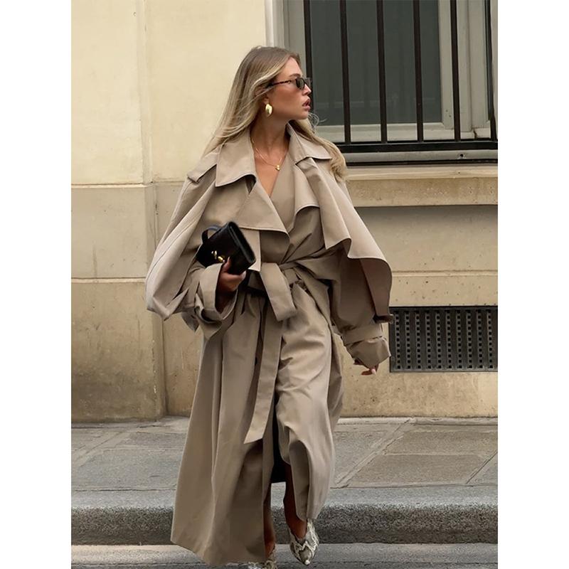 Women Casual Lace Up Long Trench Coat Chic Solid Color Full Sleeve Lapel Windbreaker New Fashion Loose Commute Jackets